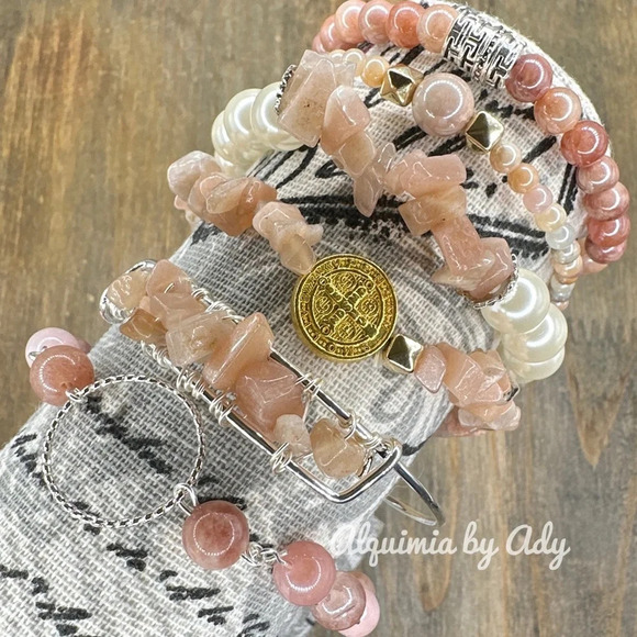 Peach Moonstone beaded bracelet Libra/cancer/rosary silver chain adjustable - Picture 11 of 11